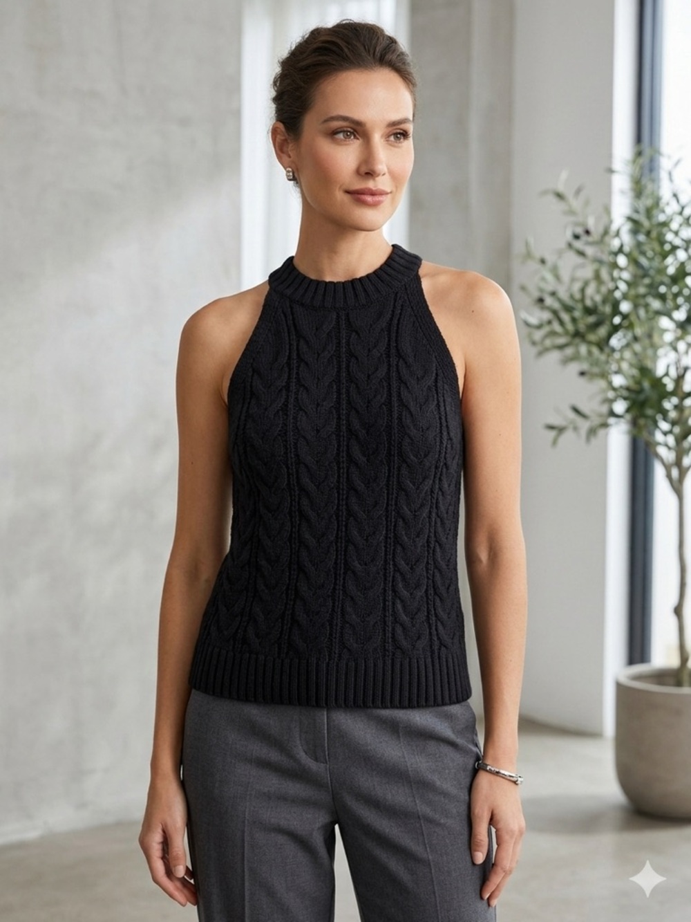 Black Cable-Knit Halter Sweater Tank